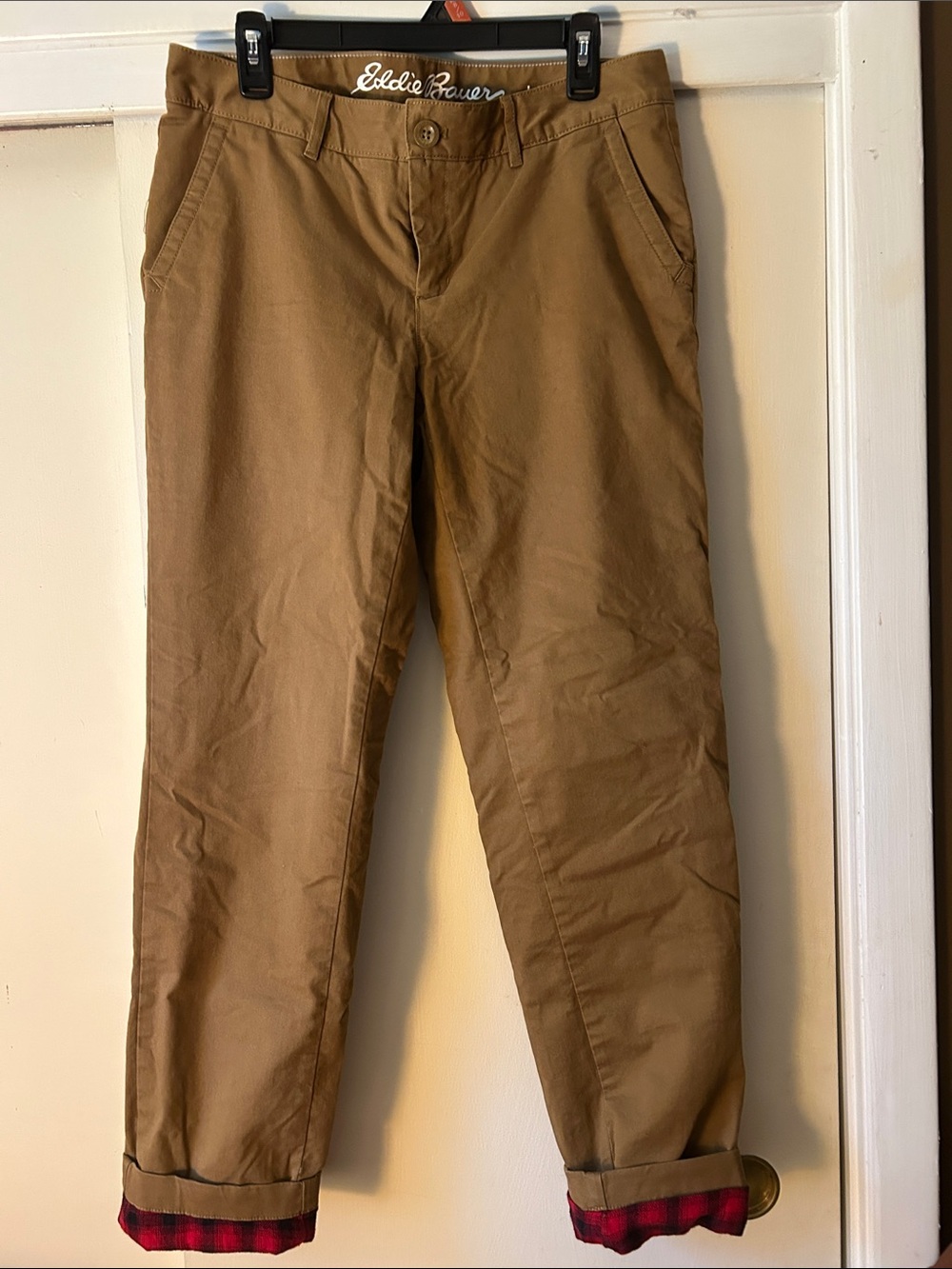 Eddie Bauer Women's Flannel Lined Straight Leg Pants with Plaid Cuff